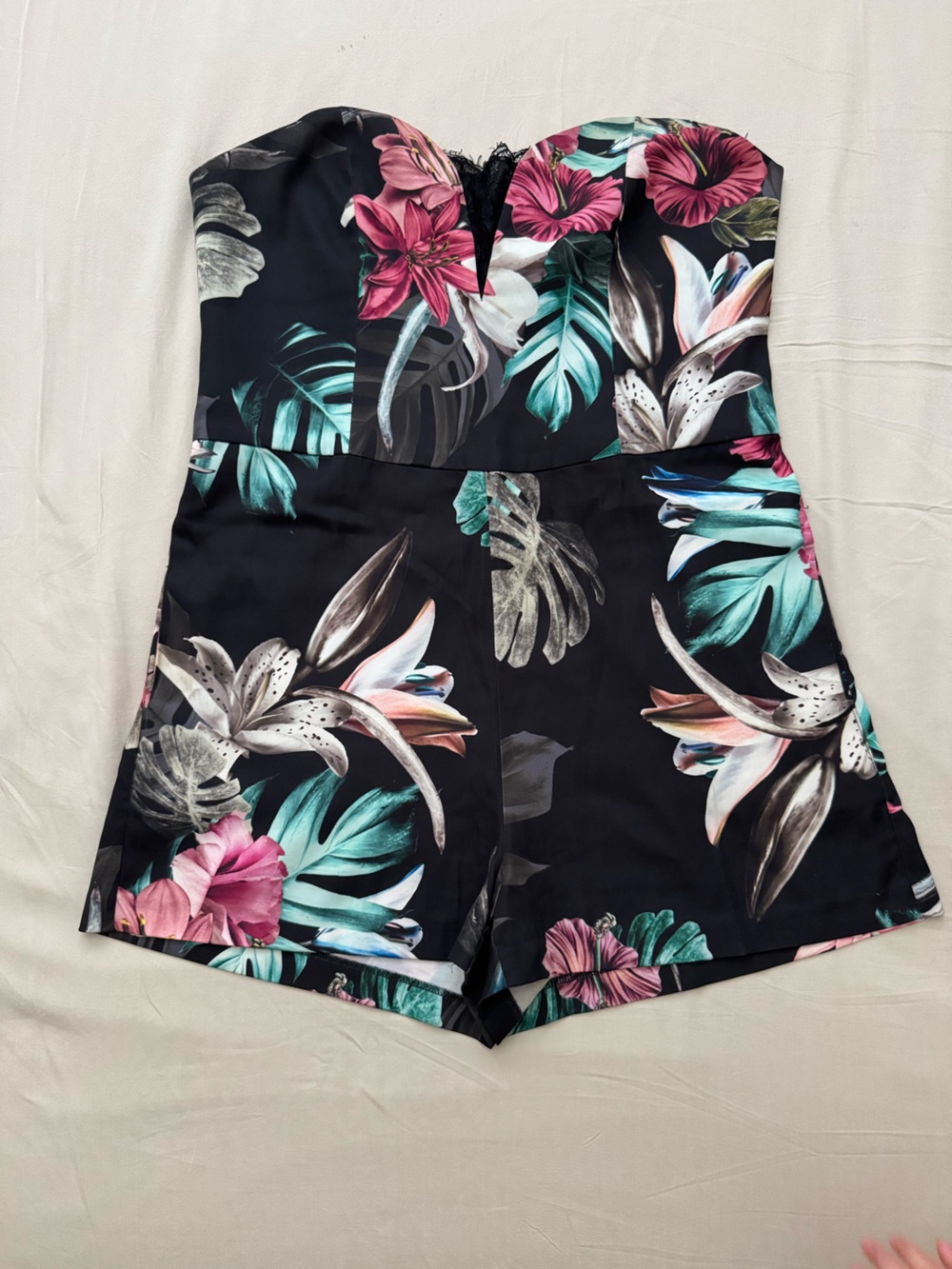 Guess Black Tropical Floral Strapless Shorts Romper vintage
